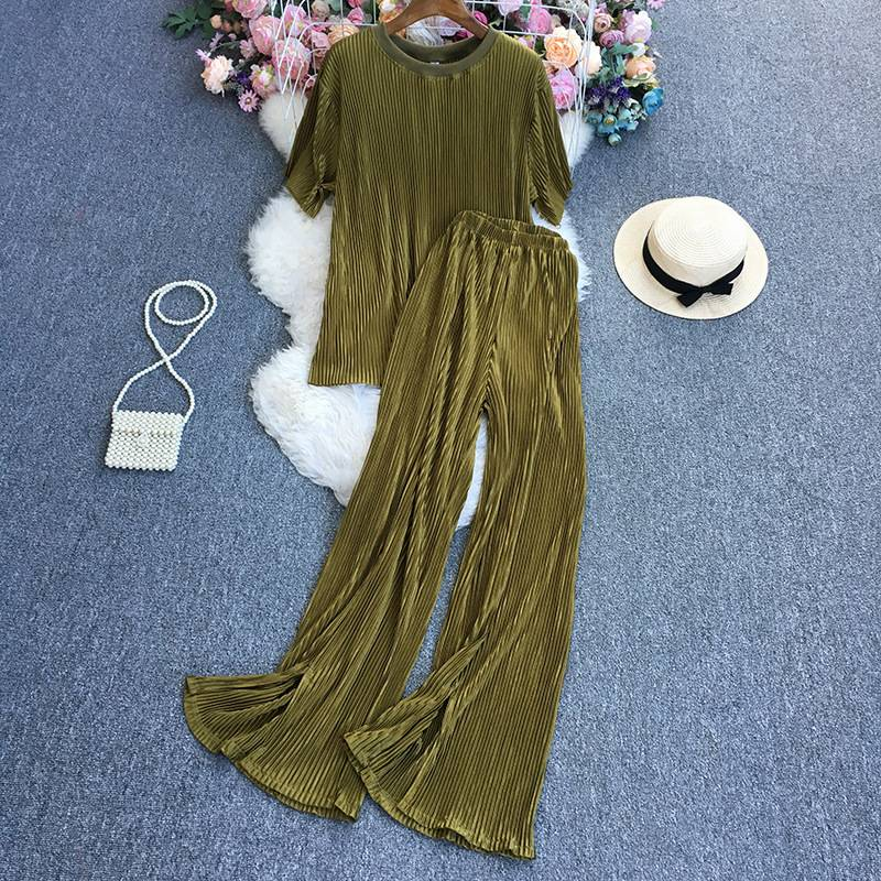 Women's Fashion Clean Color Shirt Two-piece Set Of High Waist Vertical Vertical Wide Leg Pants_autovado.com
