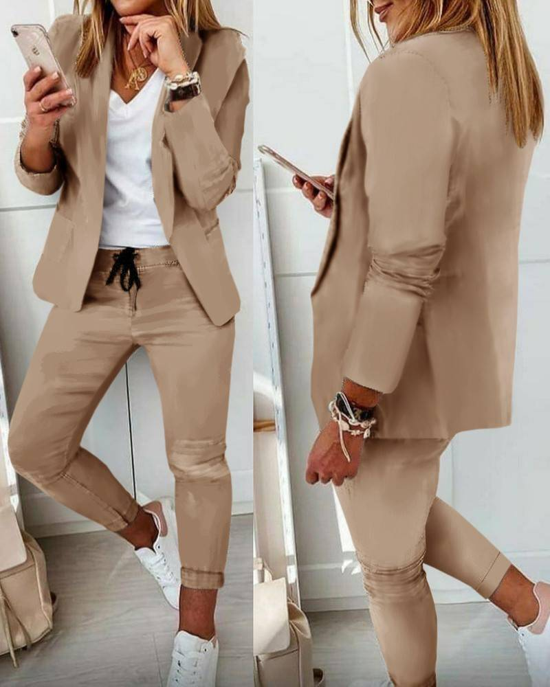 Women's Solid Color Professional Suit Set - Commuting Style Blazer & Pants | Office Workwear Outfit_autovado.com