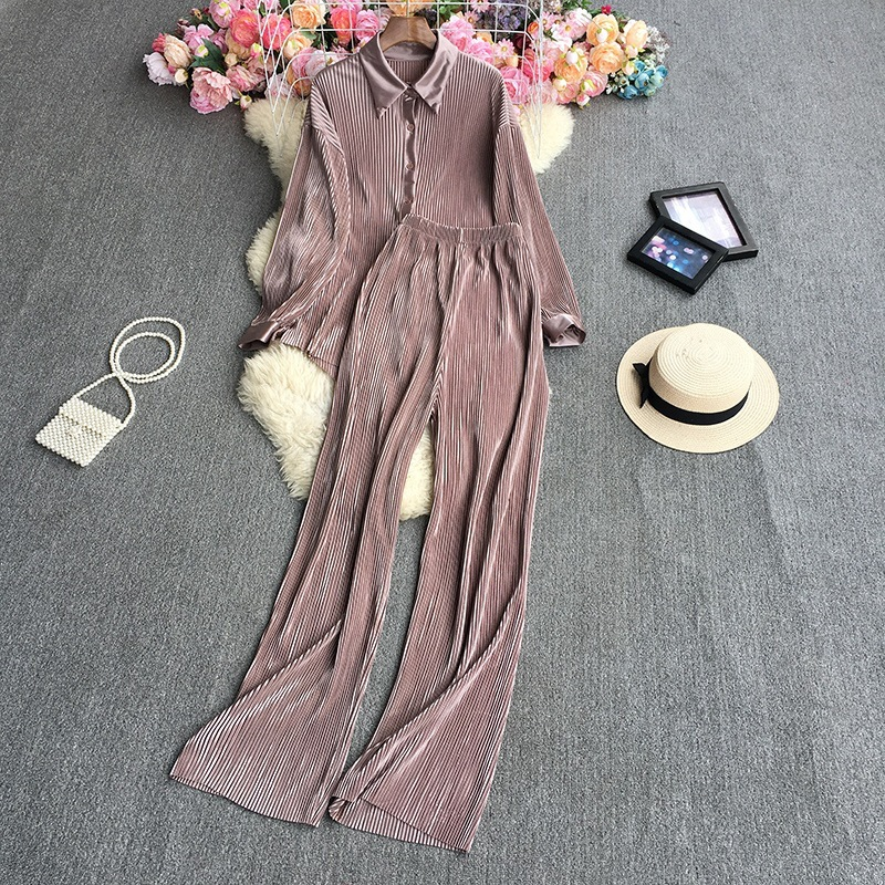 Women's Fashion Clean Color Shirt Two-piece Set Of High Waist Vertical Vertical Wide Leg Pants_autovado.com