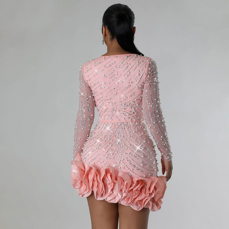 Women's Clothing Hot Diamond And Bubble Bead Dress Short Skirt For Women, Fashionable Long Sleeves And Square Collar_autovado.com