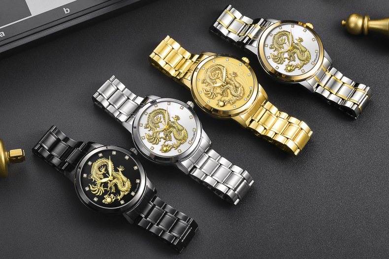 Men's Quartz Watch Men's Watch Diamond Yellow Gold Luminous Waterproof Steel Belt Relief Dragon Totem Watch_autovado.com