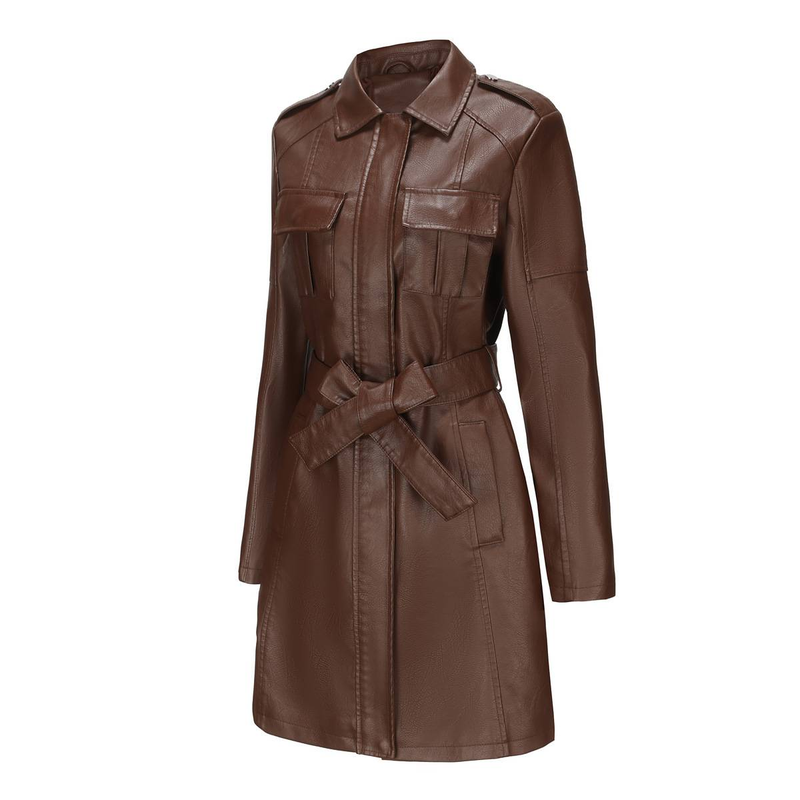New mid-length leather coat with belt long-sleeved leather trench coat fashionable coat woman_autovado.com
