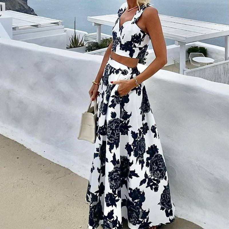 Women's Clothing Fashion Temperament Printed Midi-length Half-length Top and Skirt Two-piece Set_autovado.com