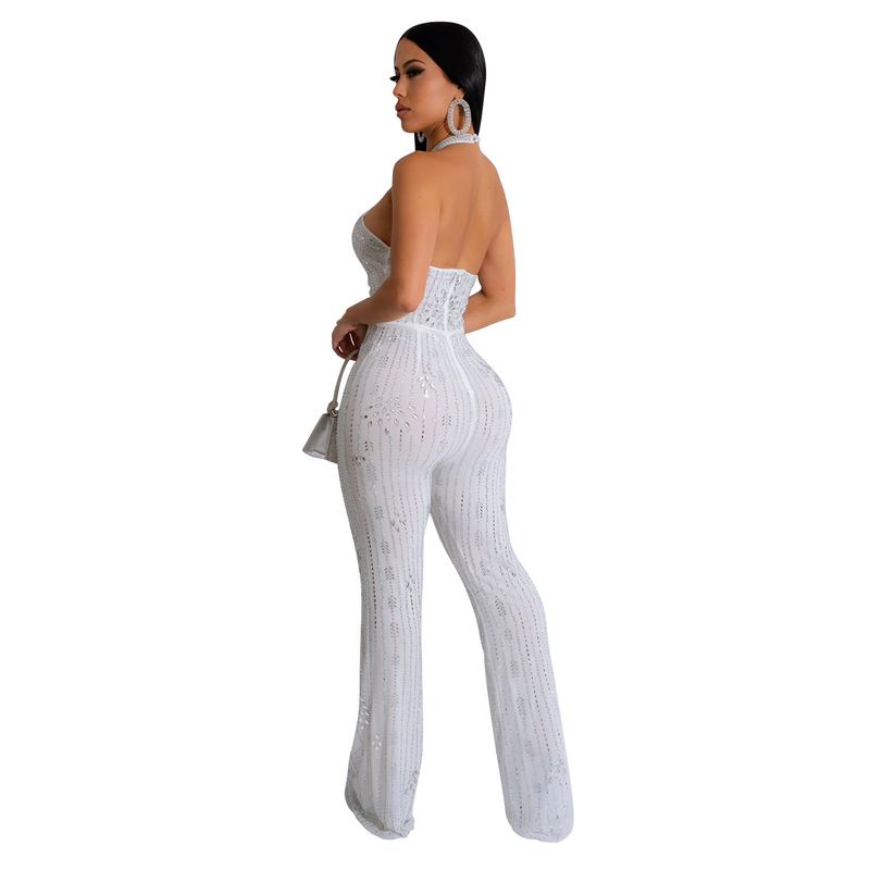 Women's solid color hot diamond sleeveless halterneck trousers jumpsuit_autovado.com