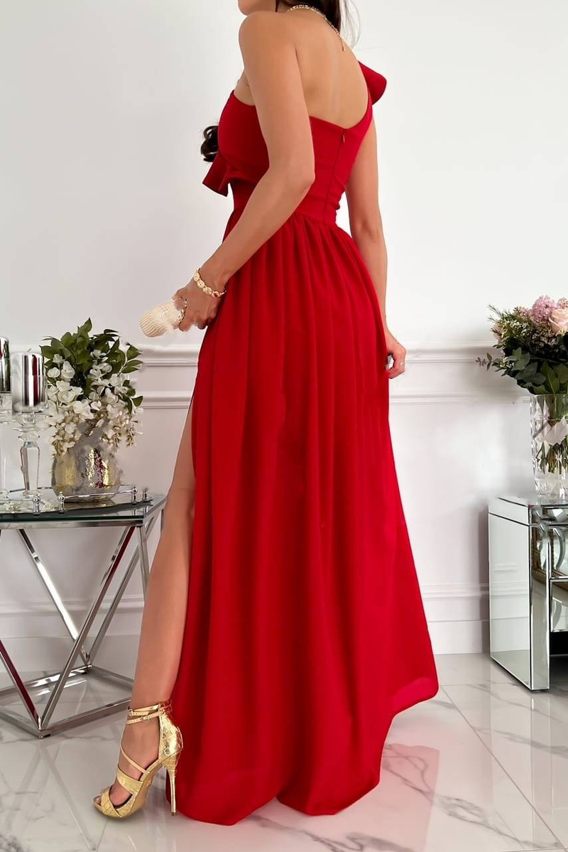 women's solid color oblique collar fashion mesh splicing high waist slit dress_autovado.com