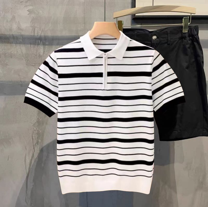 Men's Clothing Summer light mature simple fashion high end striped polo shirt men's young youth slim half zip collar T shirt men_autovado.com