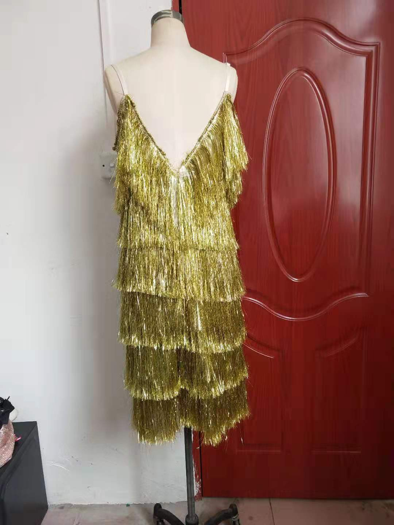 Women's Clothing Deep V-neck Suspender Gold Glitter Tassel Sequin Dress_autovado.com