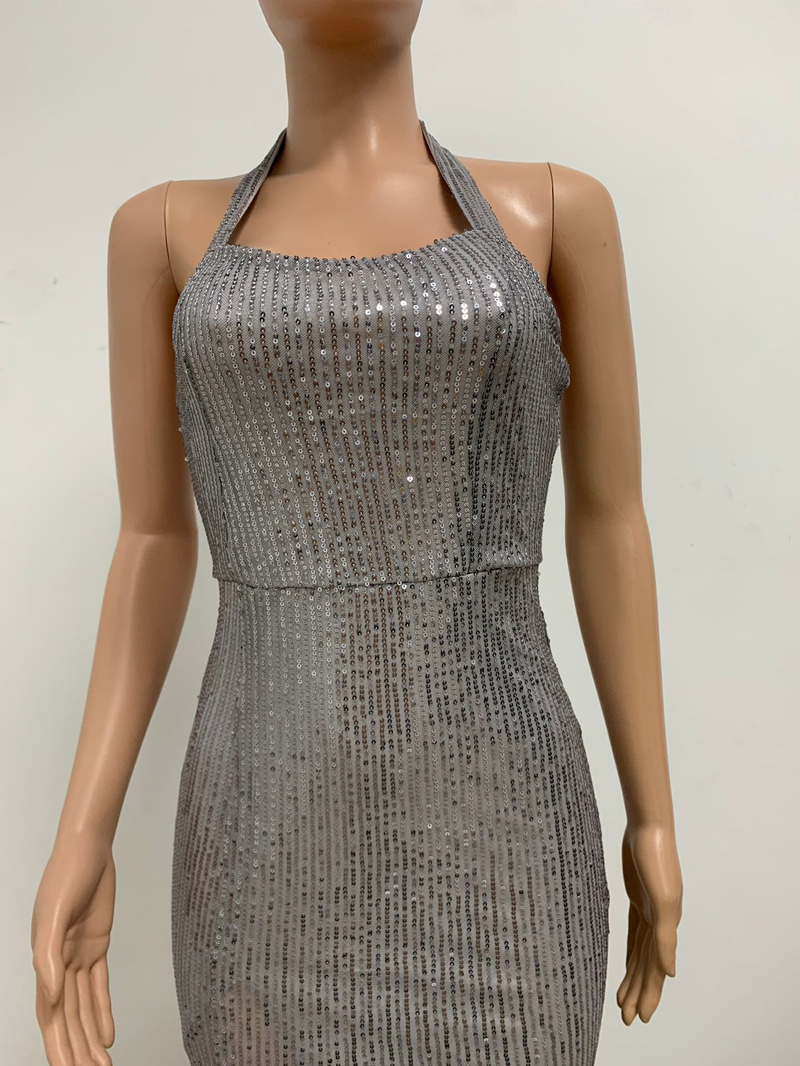 Women's slit sleeveless hot girl dress female halter neck backless sequin dress skirt_autovado.com