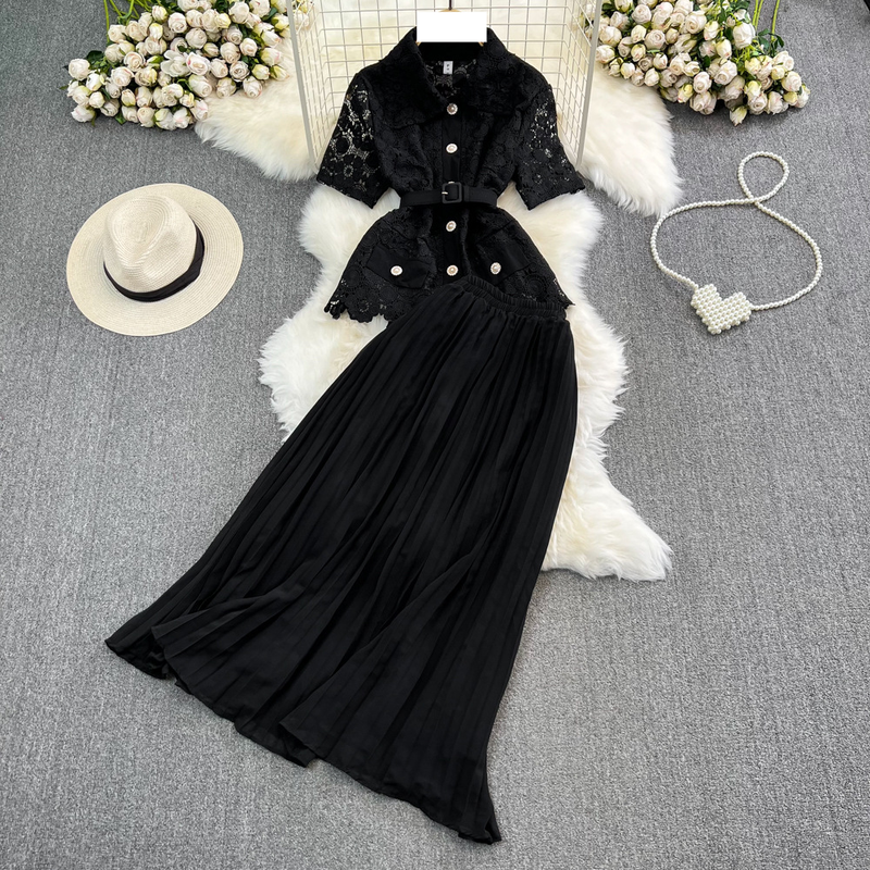 Women's fashion single breasted lace shirt two-piece set high waist a line pleated skirt_autovado.com