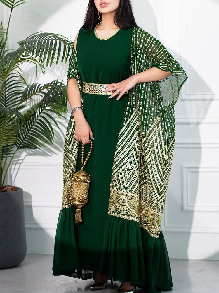 Women's printing fashionable urban casual bat-sleeve pleated vest printed with belt two-piece set_autovado.com