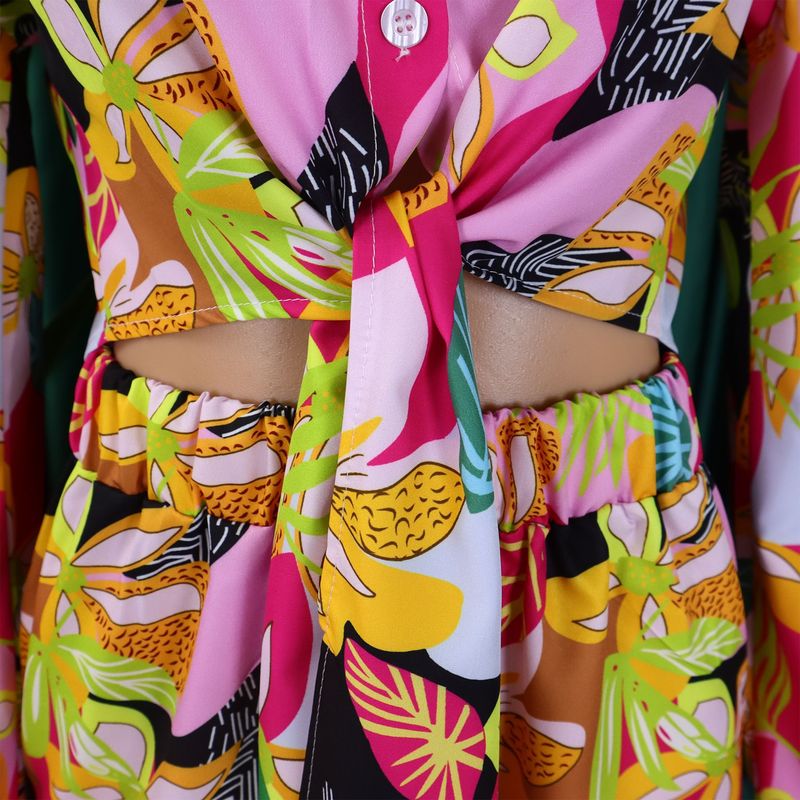 Women's Fashion Print Two-piece Suit Lapel Tie Shirt Wide Leg Pants Suit_autovado.com