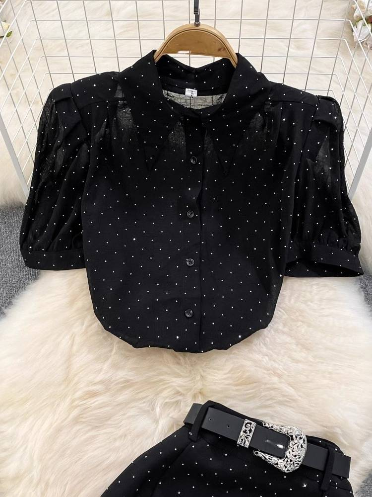 Women's Clothing light mature style, bubble short sleeves, single breasted, polka dot chiffon shirt, two piece suit_autovado.com