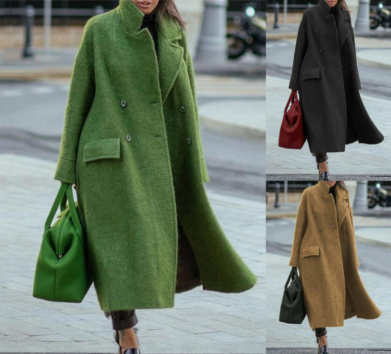 Women's solid color temperament commuting loose woolen green coat without lapels_autovado.com