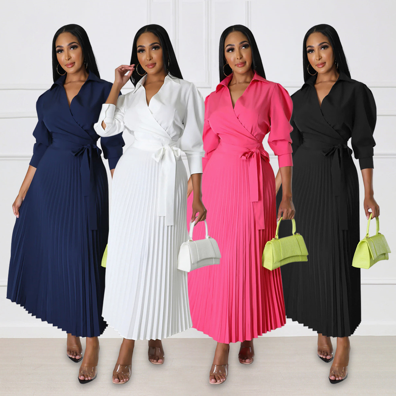 Long sleeved Polo collar high waist fashion casual pleated women's dress_autovado.com