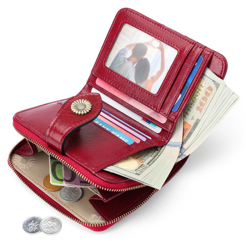 genuine leather women's short wallet two fold women's zipper vintage oil wax cowhide wallet_autovado.com