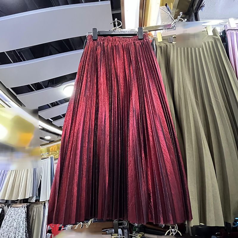 Women's Clothing autumn new high end metallic shiny silk pleated skirt high waist A line long skirt for women_autovado.com