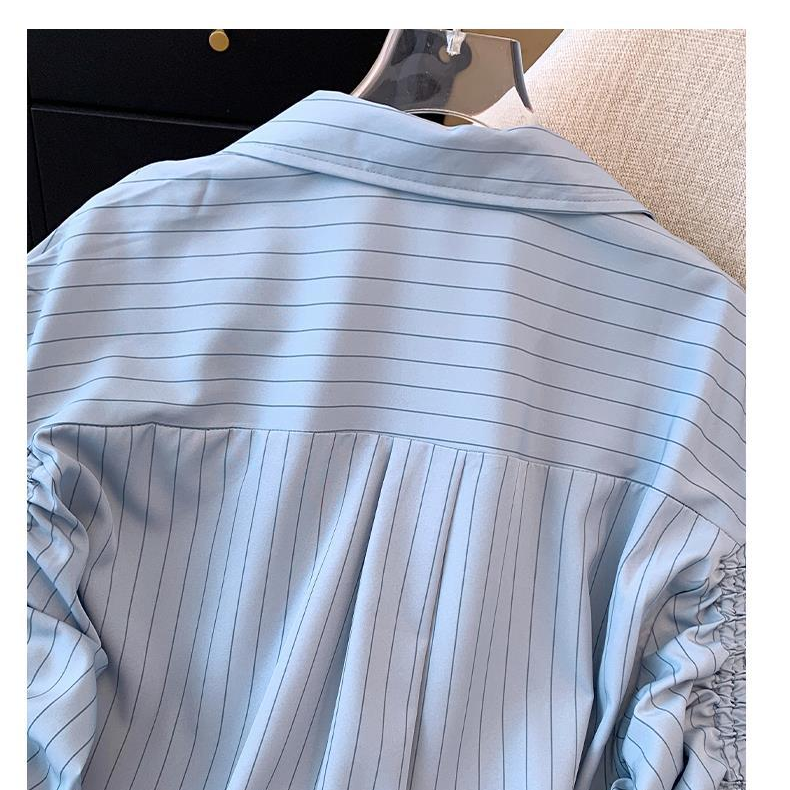 n mid-length striped blouse waist shirt slim chic top_autovado.com