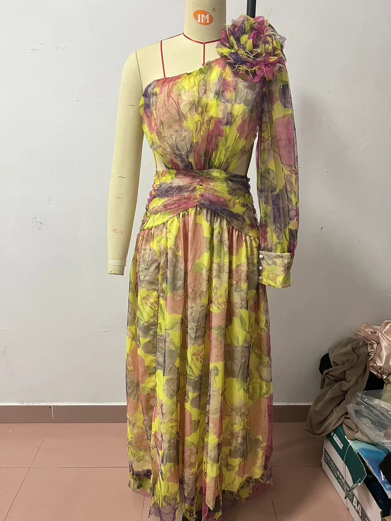 Women's New Party Mesh Oblique Shoulder Dress INS Casual Fashion Dress For Women(Flowers Are Movable)omen_autovado.com