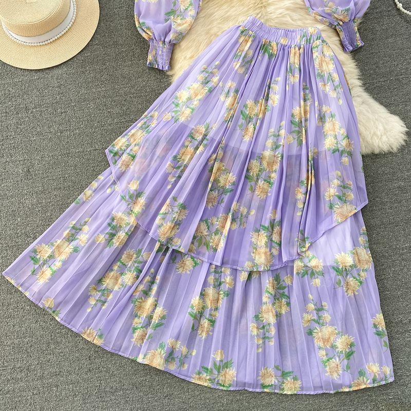 Women's Clothing light mature style, lantern long sleeves, bowknot, loose printed chiffon shirt, two-piece suit, high waist skirt_autovado.com