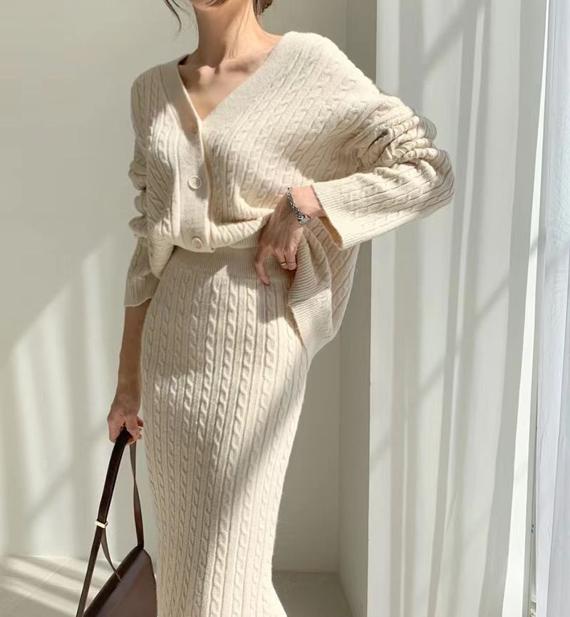 Women's Clothing elegant V-neck linen pattern knitted cardigan sweater + high waist sheath skirt_autovado.com