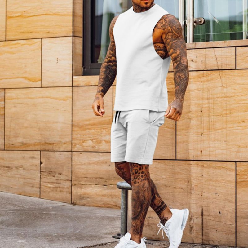 Men's casual thin five-point pants sleeveless top solid color vest shorts two-piece set_autovado.com