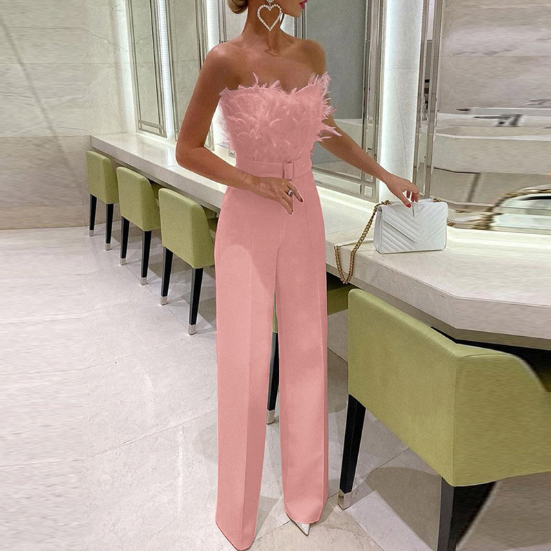 Women's feather patchwork sexy strapless fashion dress wide leg jumpsuit_autovado.com