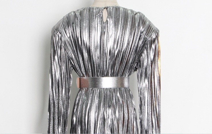 Women's round neck pleated stitching glossy waist style short dress_autovado.com