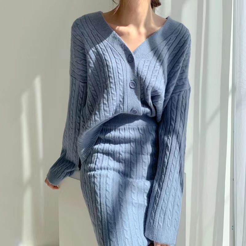 Women's Clothing elegant V-neck linen pattern knitted cardigan sweater + high waist sheath skirt_autovado.com
