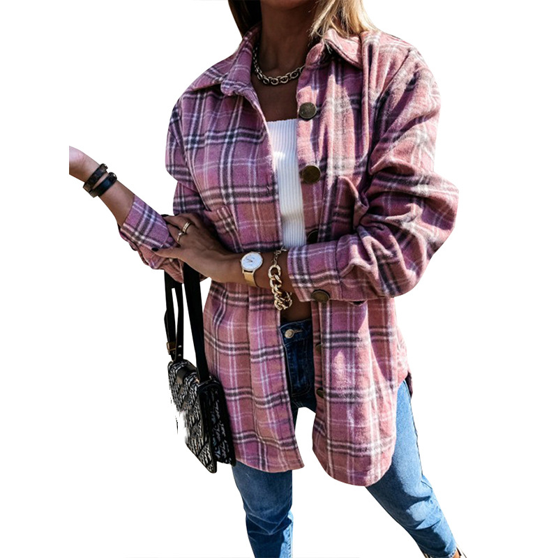 Women's Clothing plaid shirt autumn and winter new loose mid length woolen coat_autovado.com