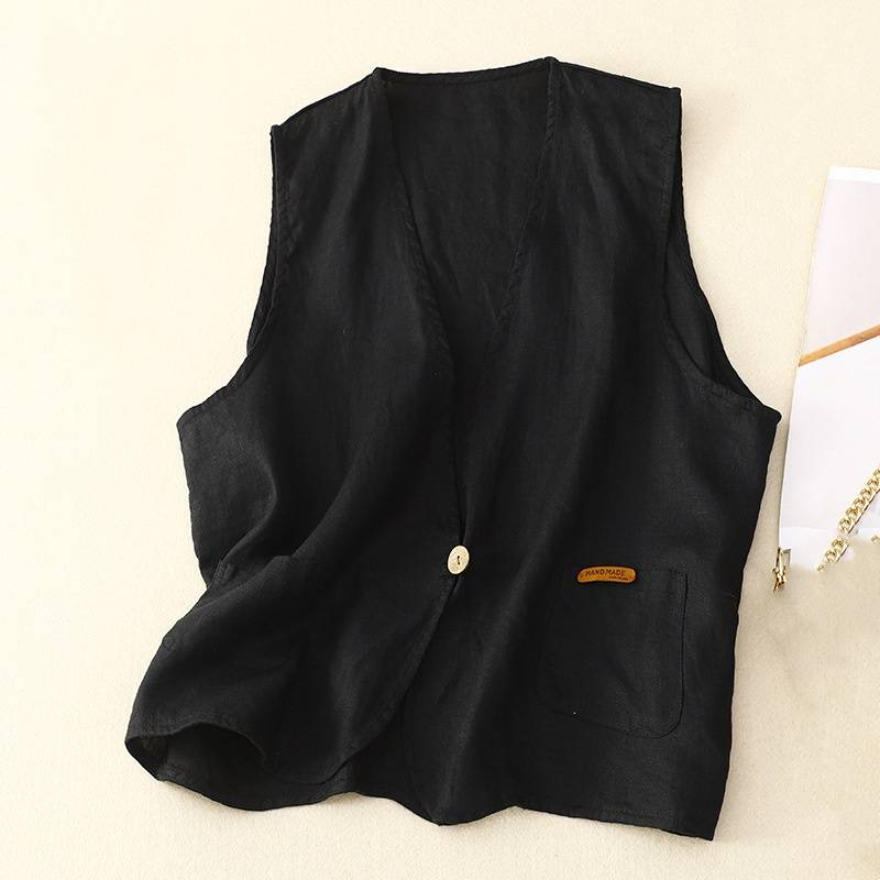 Women's Clothing Real shot of literary cotton and linen vest spring and summer thin loose solid color sleeveless_autovado.com