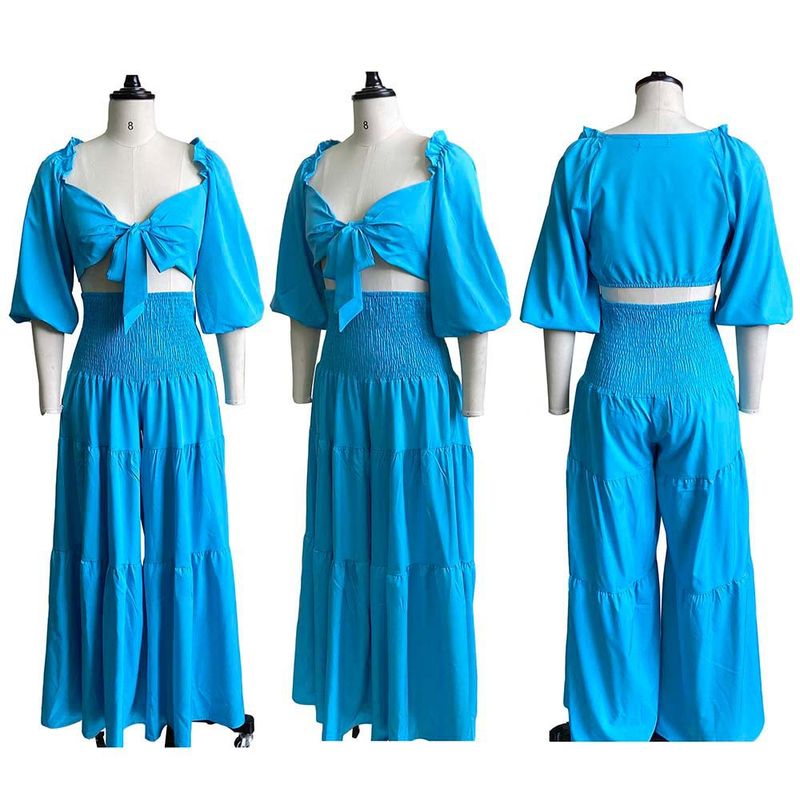 Women's Clothing women's summer fashion casual street suit pleated sexy solid color foreign trade two piece suit_autovado.com