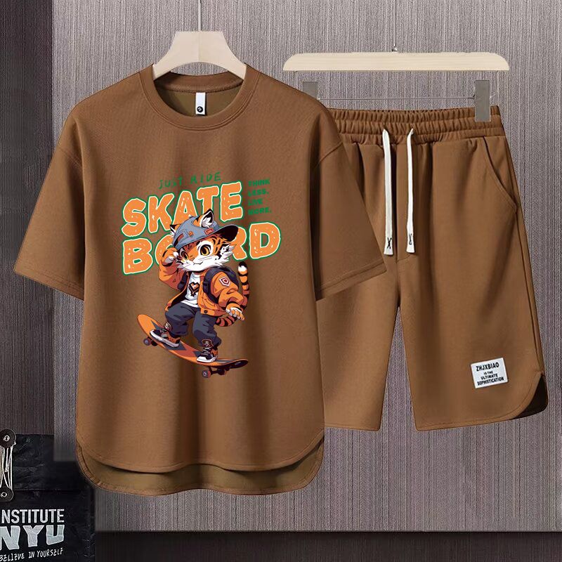 Men's Clothing 2024 Waffle Casual Summer Suit Men's Loose Teen Short sleeved T shirt Shorts Handsome Two piece Suit_autovado.com