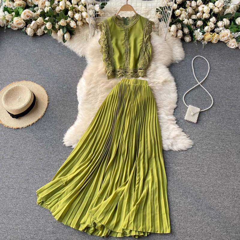Women's fashion high-waisted lean pressed chiffon skirt two-piece set_autovado.com