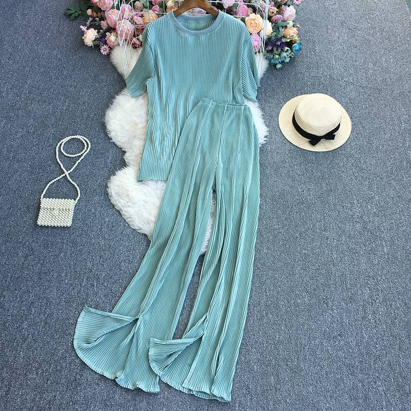 Women's Fashion Clean Color Shirt Two-piece Set Of High Waist Vertical Vertical Wide Leg Pants_autovado.com