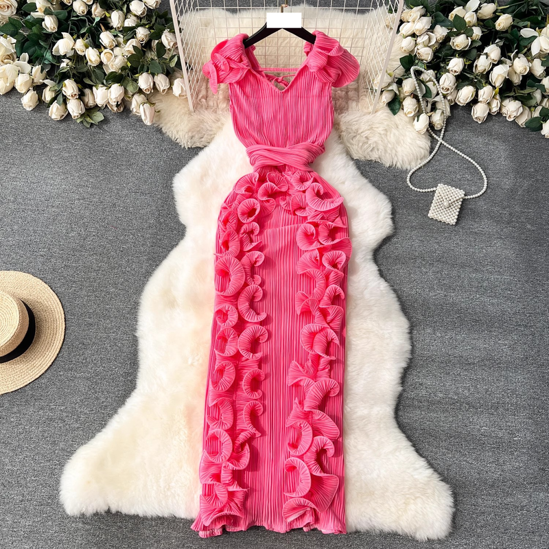 Women's Banquet high-end dress high-end light luxury niche pleated three-dimensional ruffled slim long temperament dress for women_autovado.com