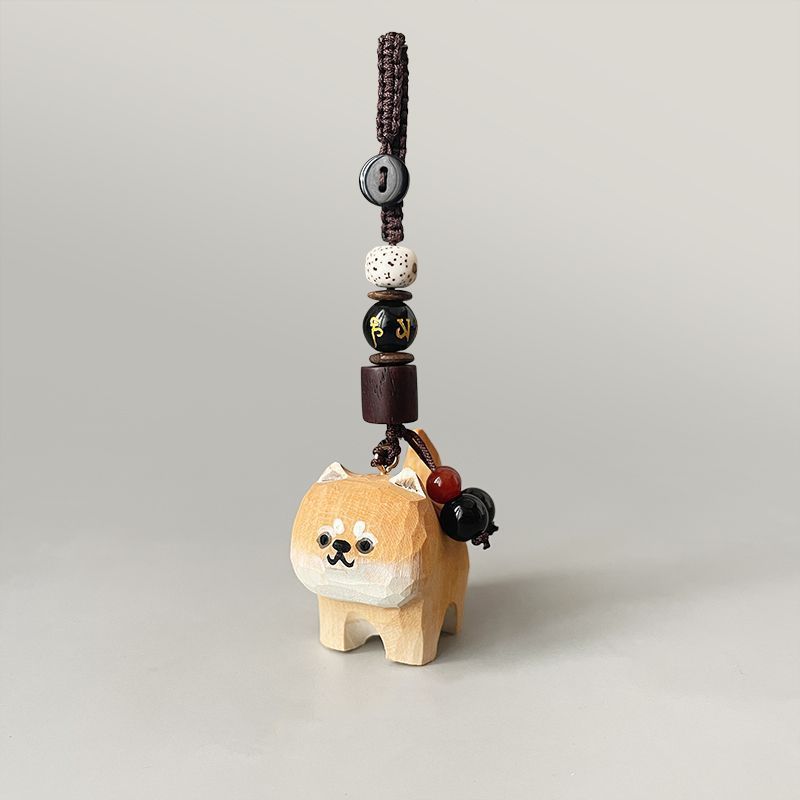 Hand Carved Wood Carved Orange Cat Shiba Inu Mi Ping An Six Character Mantra Woven Keychain Chain Ring Car Schoolbag Pendant Ornament_autovado.com