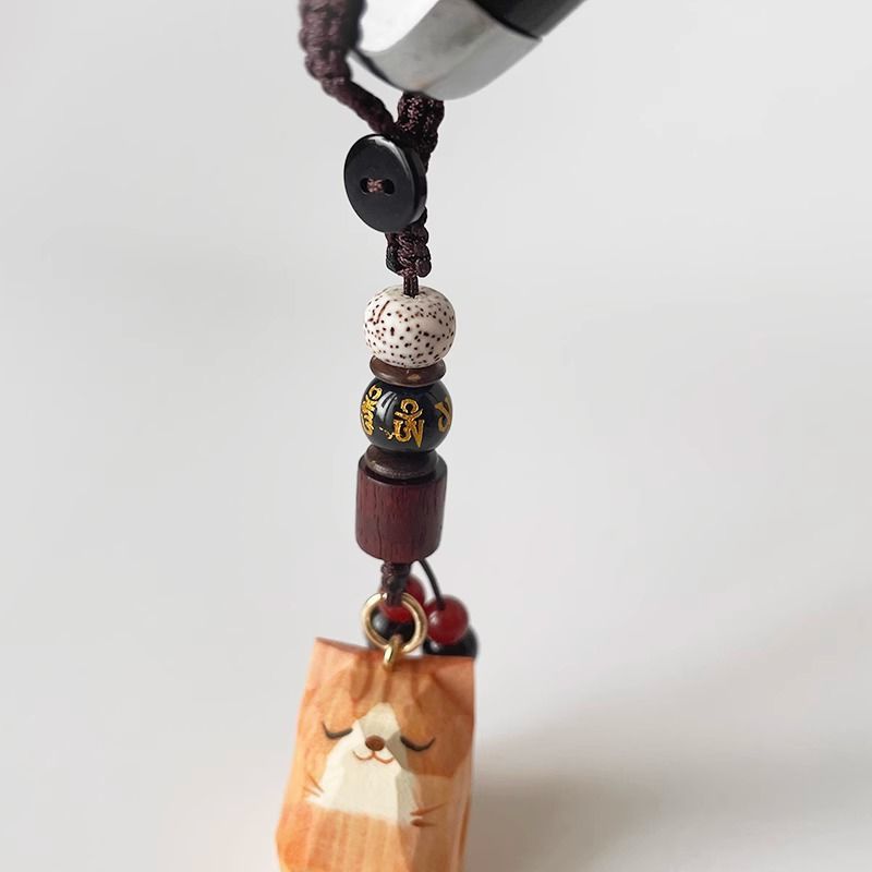 Hand Carved Wood Carved Orange Cat Shiba Inu Mi Ping An Six Character Mantra Woven Keychain Chain Ring Car Schoolbag Pendant Ornament_autovado.com