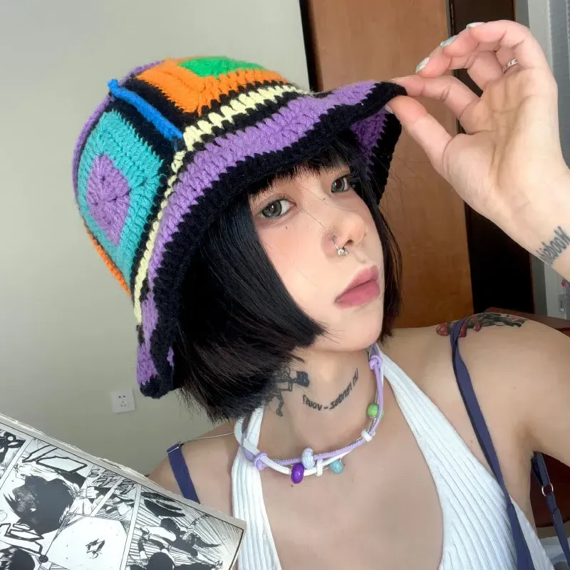 Hot Sale 2024 Colorful New Women Girl Handmade Crochet Bucket Hats Y2k Fashion Summer Beach Korean Hollow Knitted Hat_autovado.com
