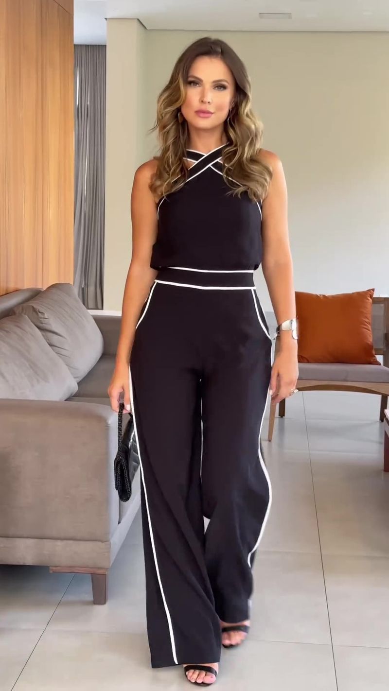 Women's Summer New Fashion Cross-neck Waist Contrast Color Wide-leg Halter Suit_autovado.com