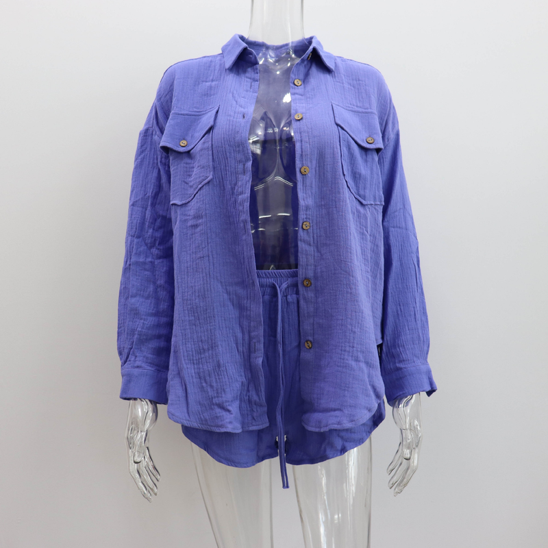 Women's Clothing new arrival lapel loose shirt high waist shorts two piece fashion casual suit_autovado.com