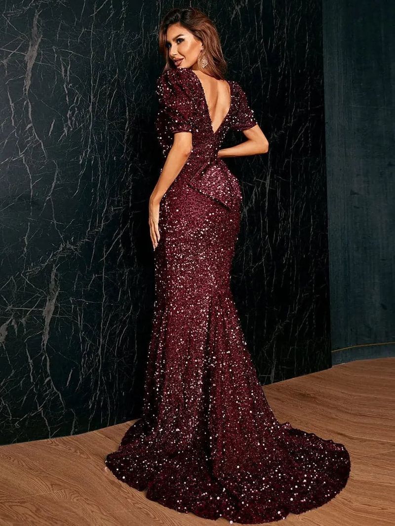 Women's New Fashion V-neck Hip-hugging Sequined Dress Mid-waist Puff Sleeve Long Temperament Evening Dress_autovado.com
