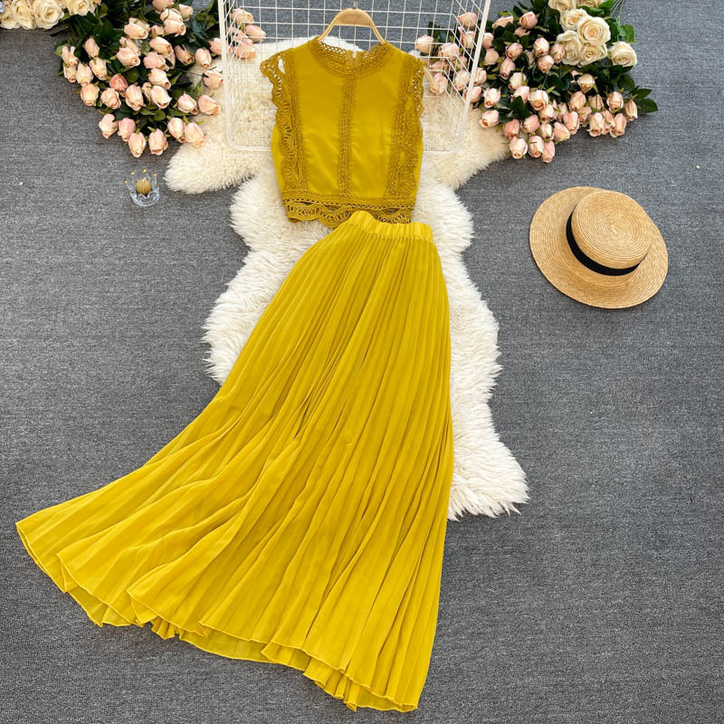 Women's fashion high-waisted lean pressed chiffon skirt two-piece set_autovado.com
