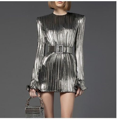 Women's round neck pleated stitching glossy waist style short dress_autovado.com