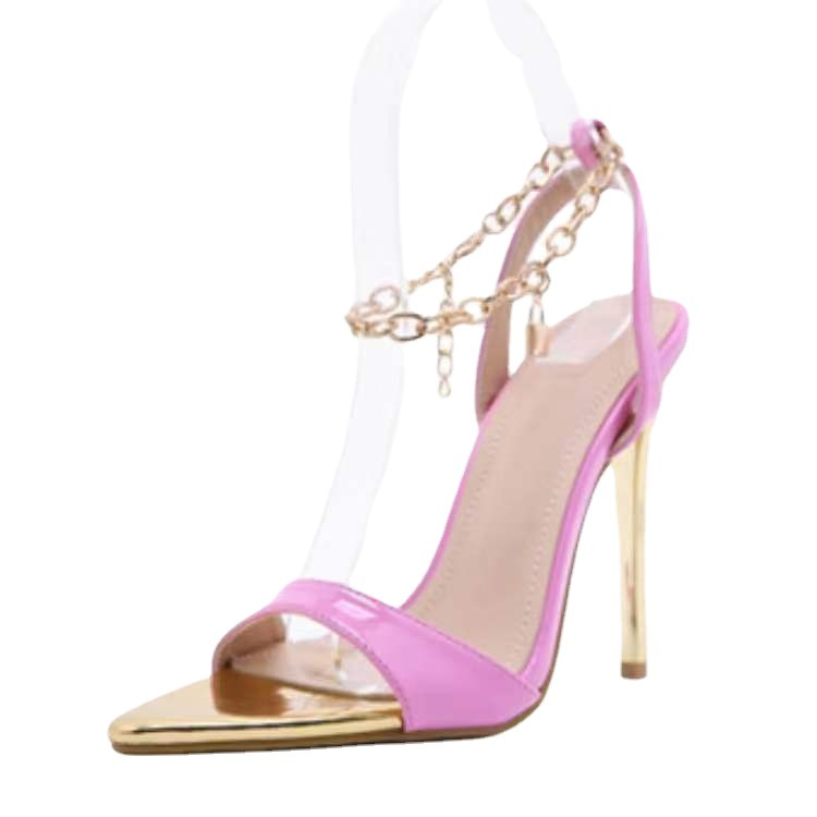 Large size new women's shoes candy color pointy stiletto fashion sandals metal chain_autovado.com