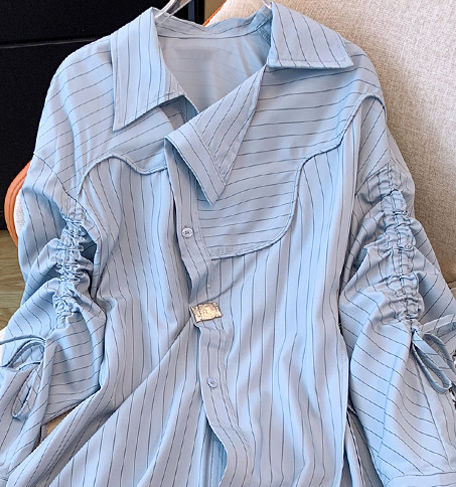n mid-length striped blouse waist shirt slim chic top_autovado.com