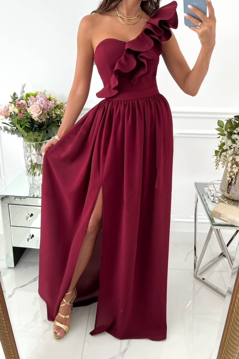 women's solid color oblique collar fashion mesh splicing high waist slit dress_autovado.com
