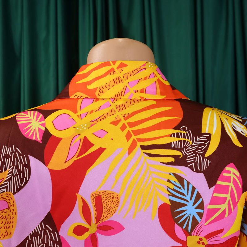 Women's Fashion Print Two-piece Suit Lapel Tie Shirt Wide Leg Pants Suit_autovado.com