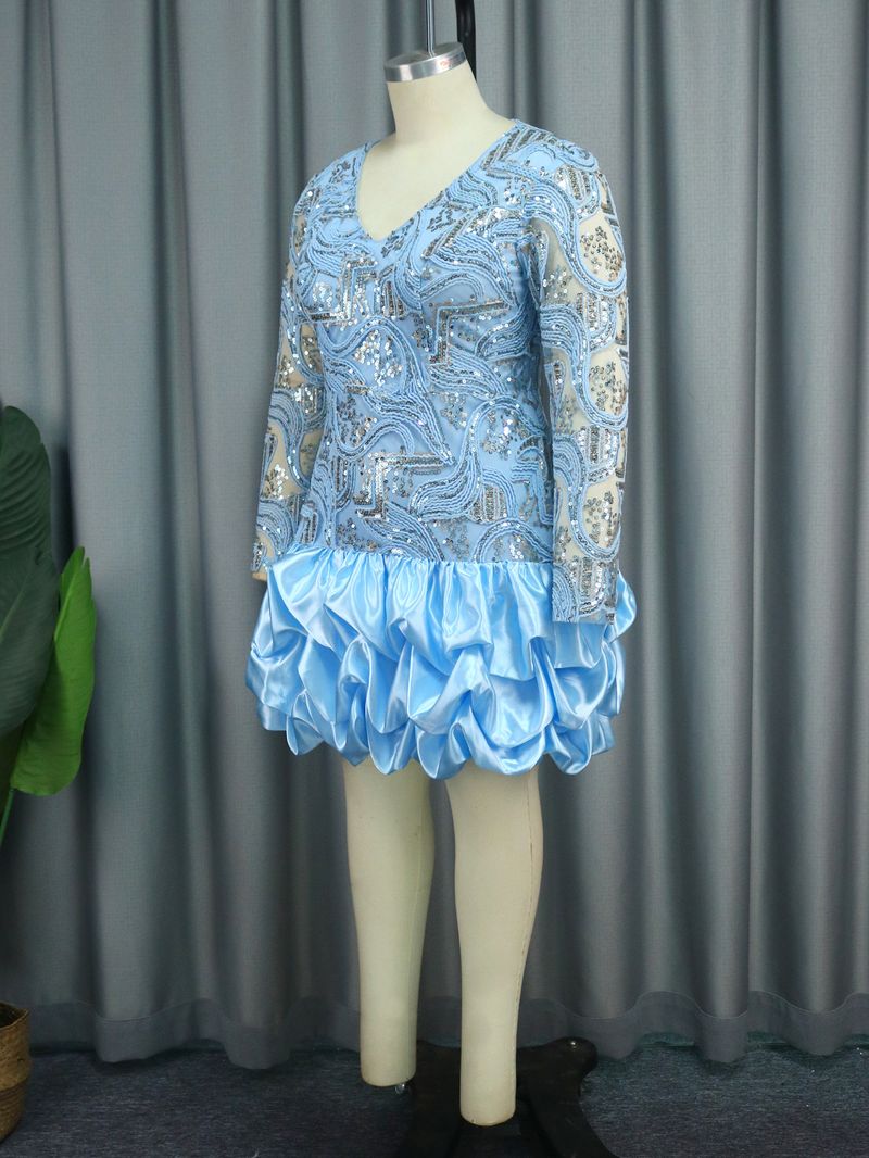 Large size women's V-neck sequined dress Birthday party dress Party dress_autovado.com