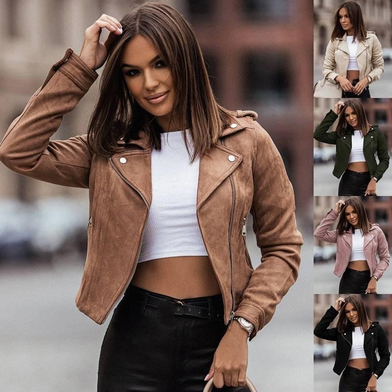 Women's Clothing popular zipper short jacket diagonal zipper buckskin top_autovado.com