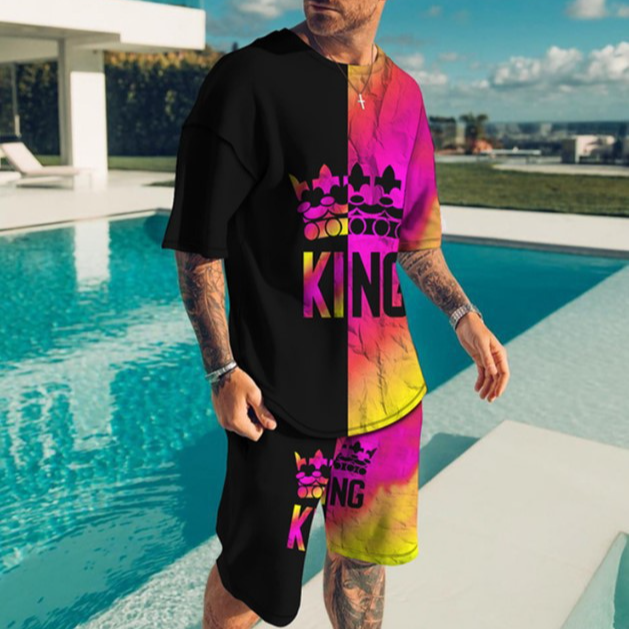 Men's Clothing shorts loose casual short-sleeved suit color matching KING printed T-shirt_autovado.com